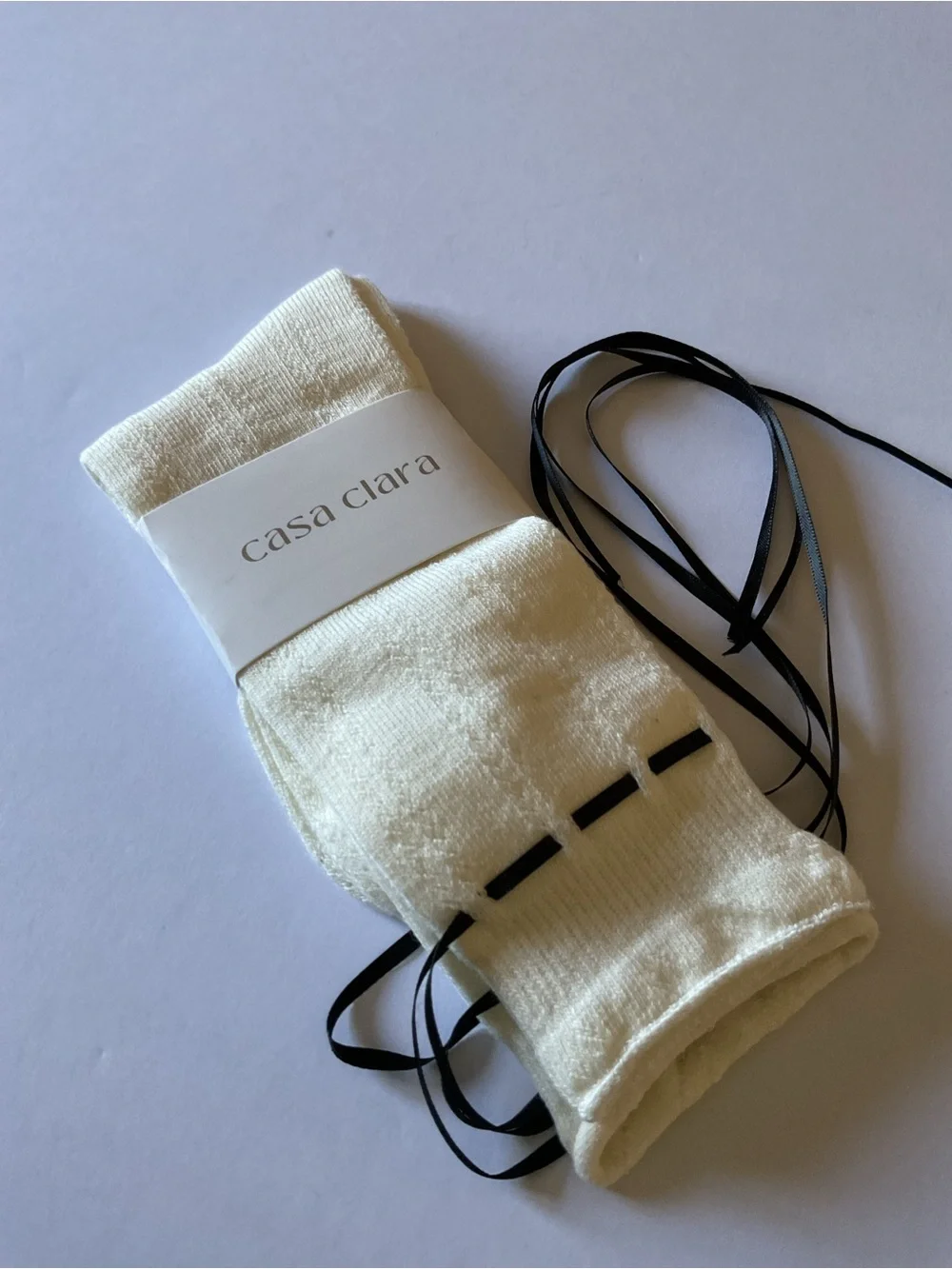 CASA CLARA WOMENS PREP SOCK IVORY WITH BLACK RIBBONS OS NWT